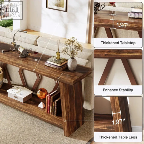 Dark brown rustic walnut console table with thick tabletop and x-shaped legs for extra stability and style