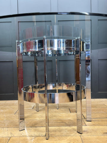 Chrome finished two tiered bar cart with clear glass top and mirrored shelves by richard young merrow associates