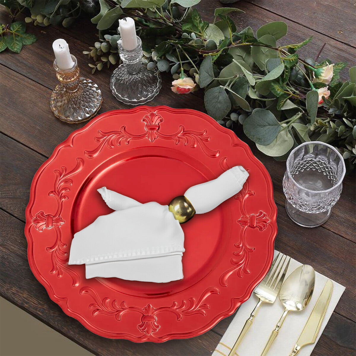 Set of Four 33cm Dia Red Finish Baroque Charger Plates