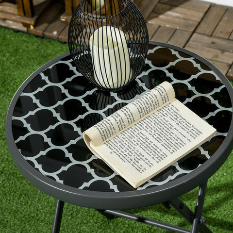 Outsunny \'ce\'a645cm Garden Side Table, Outdoor Round Folding Patio Table with Imitation Marble Glass Top, Small Coffee Table, Black and White