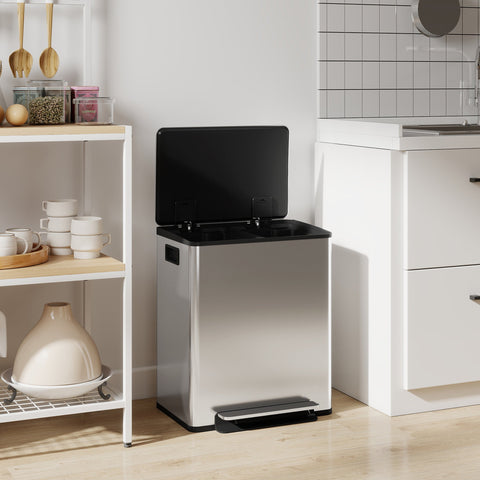 HOMCOM 50L Dual Compartment Stainless Steel Bin, with Deodoriser Holders - Silver