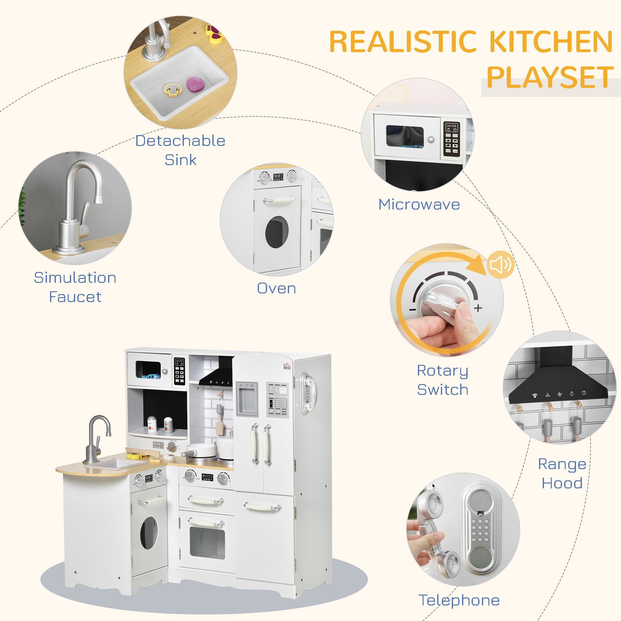 HOMCOM Kids Kitchen Playset, Large Pretend Role Play Kitchen, White
