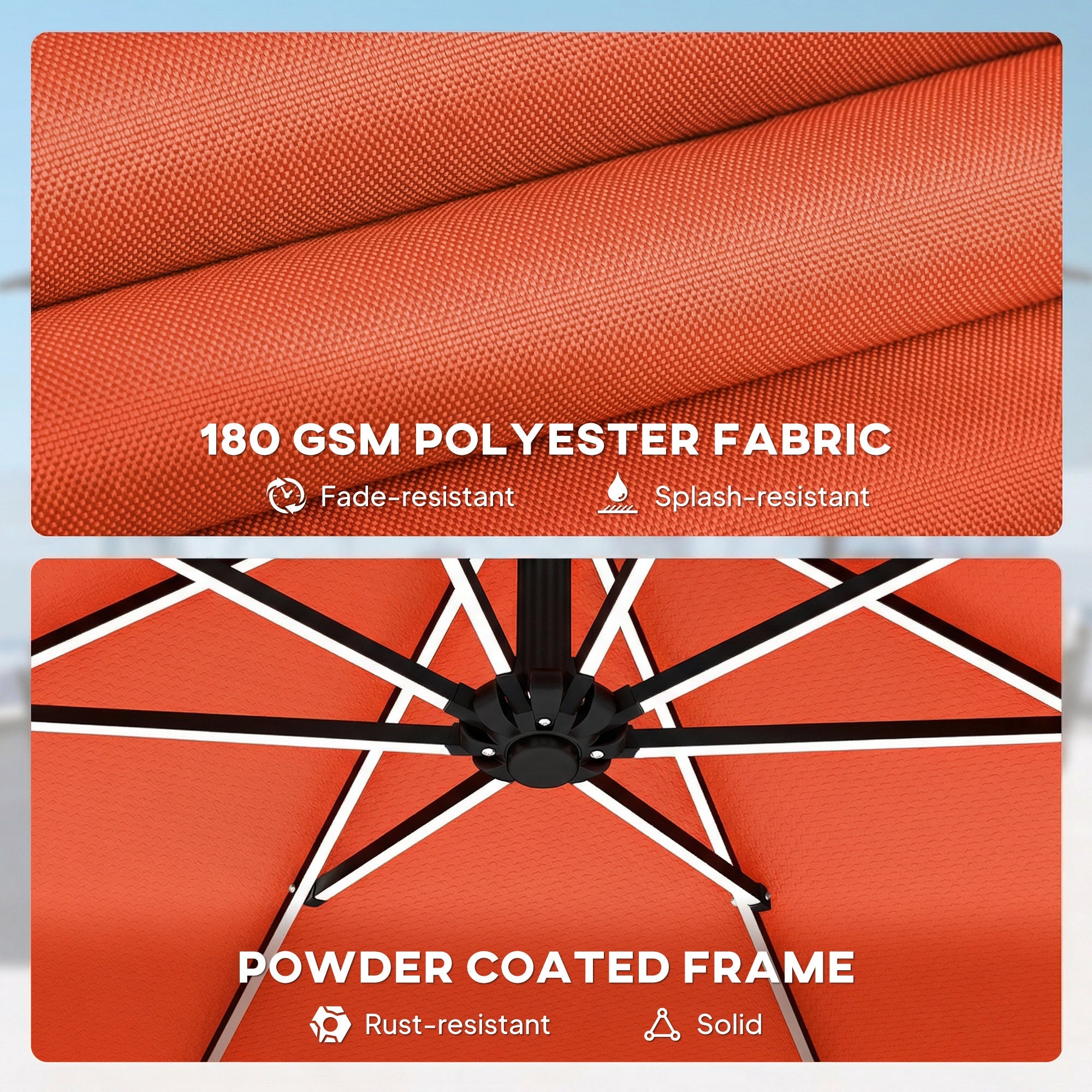 Outsunny 3 m Garden Cantilever Parasol with LED Solar Light, Round Overhanging Umbrella with 360° Rotation, Cover, Orange