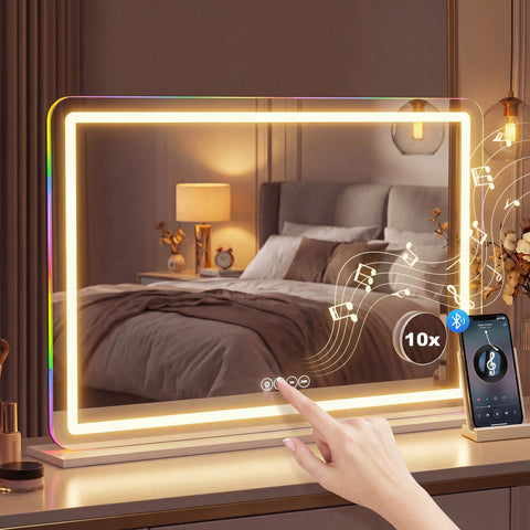 HOMCOM Vanity Mirror with Lights, Dimmable Makeup Mirror with Adjustable Colour Temperature, RGB Light, Bluetooth Speaker White