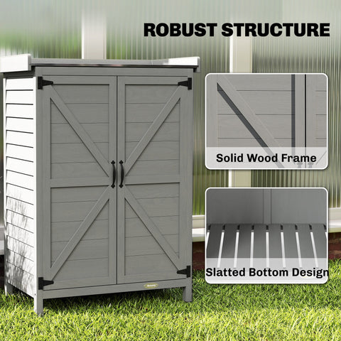 Outsunny Wooden Garden Shed, Garden Tool Storage Shed with Shelf and Side Hooks, 71.5 x 39 x 95 cm, Grey