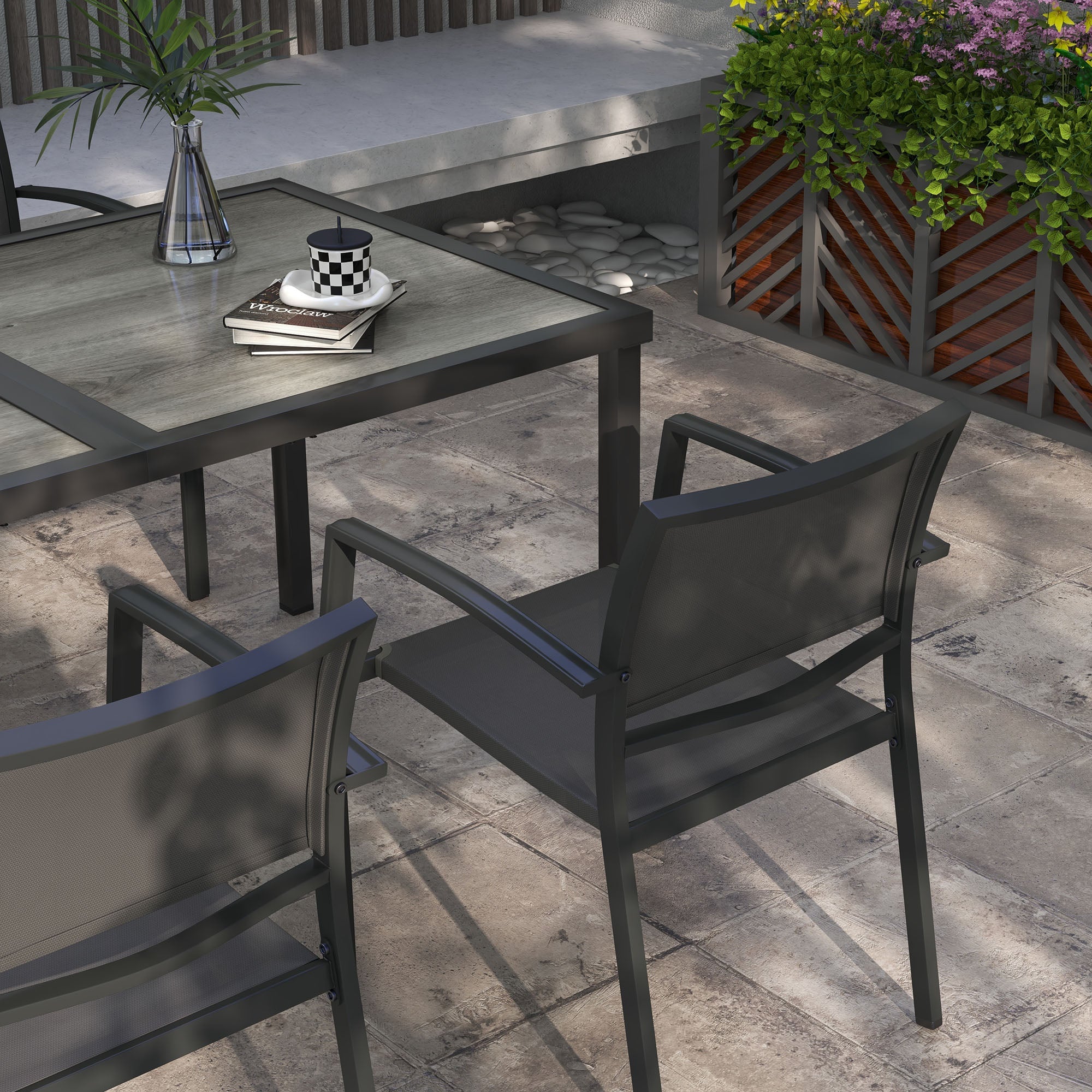 Outsunny Five-Piece Casual Outdoor Dining Set, with Wood-Effect Table - Grey