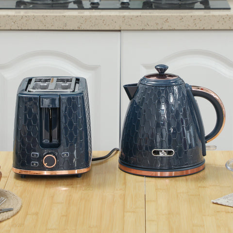 HOMCOM 1.7L 3000W Fast Boil Kettle & 2 Slice Toaster Set, Kettle and Toaster Set with Auto Shut Off, Browning Controls, Blue