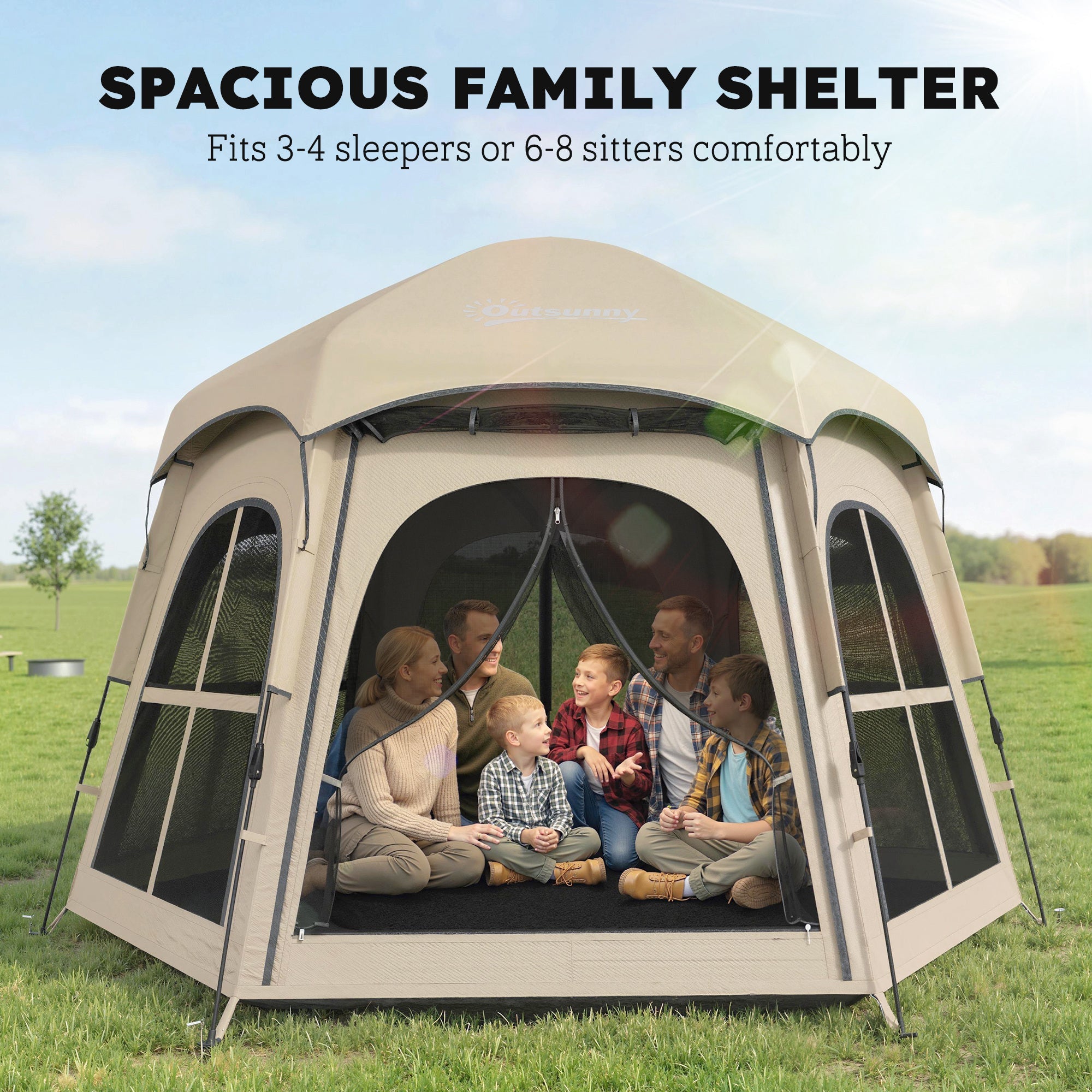 Outsunny Pop Up Tent 3000mm Waterproof Instant Camping Tent 3-4 Person with 2 Doors 4 Windows Khaki