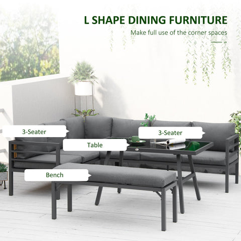 Outsunny\'c2\'a04\'c2\'a0Piece\'c2\'a0L-shaped Garden Furniture Set 8-Seater Aluminium Outdoor Dining Set Conversation Sofa Set w/ Bench, Dining Table & Cushions,\'c2\'a0Grey
