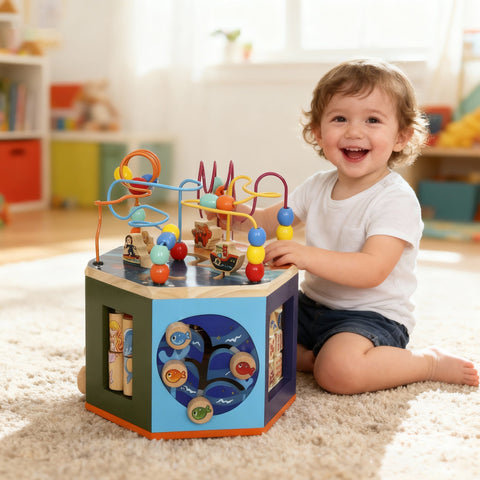 AIYAPLAY Wooden Activity Cube, Baby Toys with Bead Maze, Pattern Sorter for Toddlers Boys and Girls 18+ Months