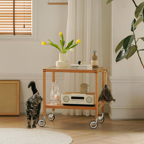 Burzo 2-tier Trolley on Wheels, Kitchen Storage Utility Cart, Wood