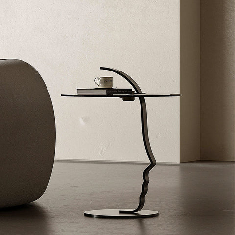 Theobald Face Side Table, Carbon Steel Rack & Tempered Glass
