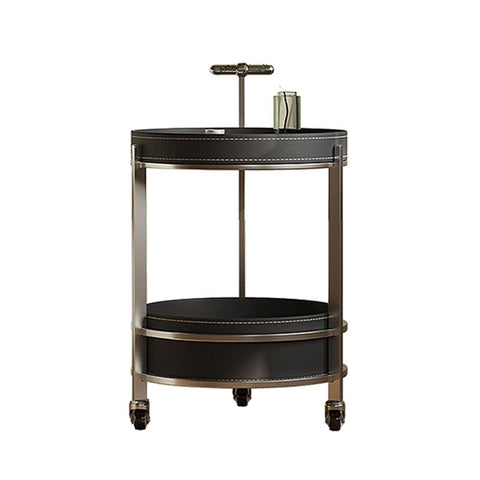 Willis Round Side Table, Movable Trolly, Black