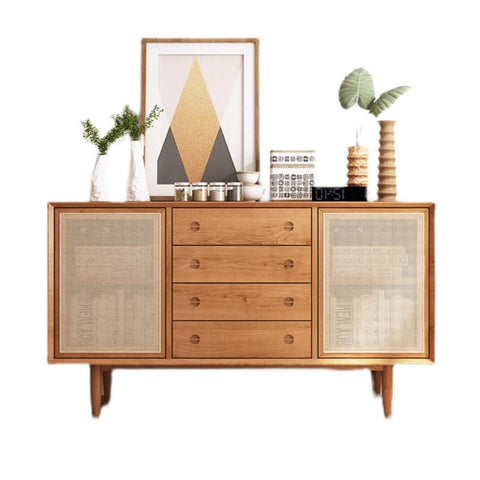 Evadne Rattan Sideboard with 2 Doors and 4 Drawers, Pine Wood