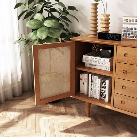 Evadne Rattan Sideboard with 2 Doors and 4 Drawers, Pine Wood