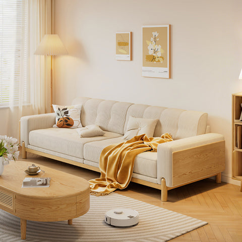 Catalina Cloud Sofa,  Two Seater, Three Seater Sofa, Cream Corduroy, Cherry Wood