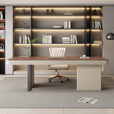 Elena Modern Office Desk, Wood, Cream & Walnut