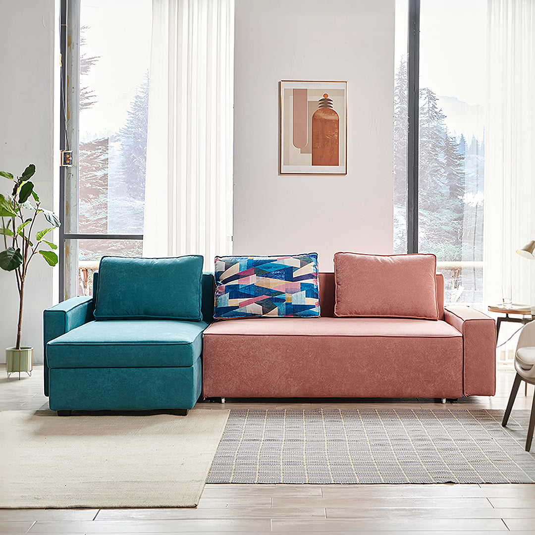 Adnan L Shape Three Seater Corner Sofa Bed, With Storage, Blue & Pink