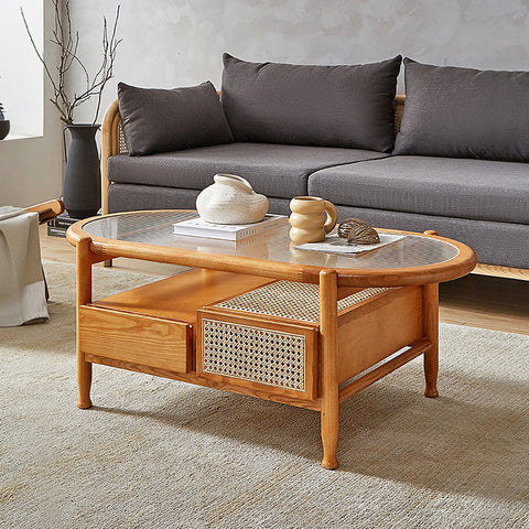 Alethea Rattan Coffee Table, Glass & Solid Wood