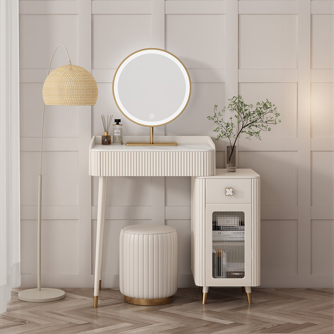Asante Small Dressing Table With Side Cabinet & LED Mirror, Cream