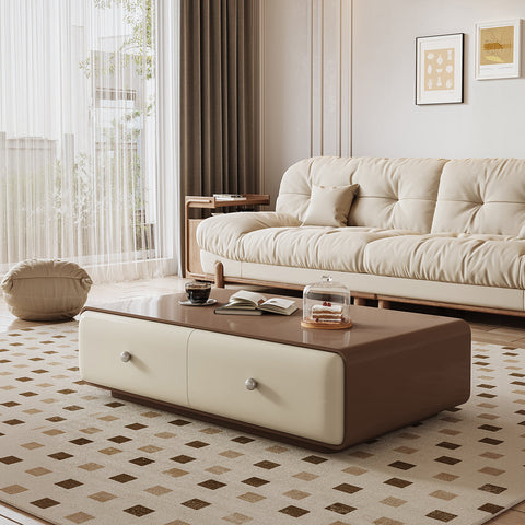 Chavarria Rectangle Coffee Table With Storage, Cream & Walnut