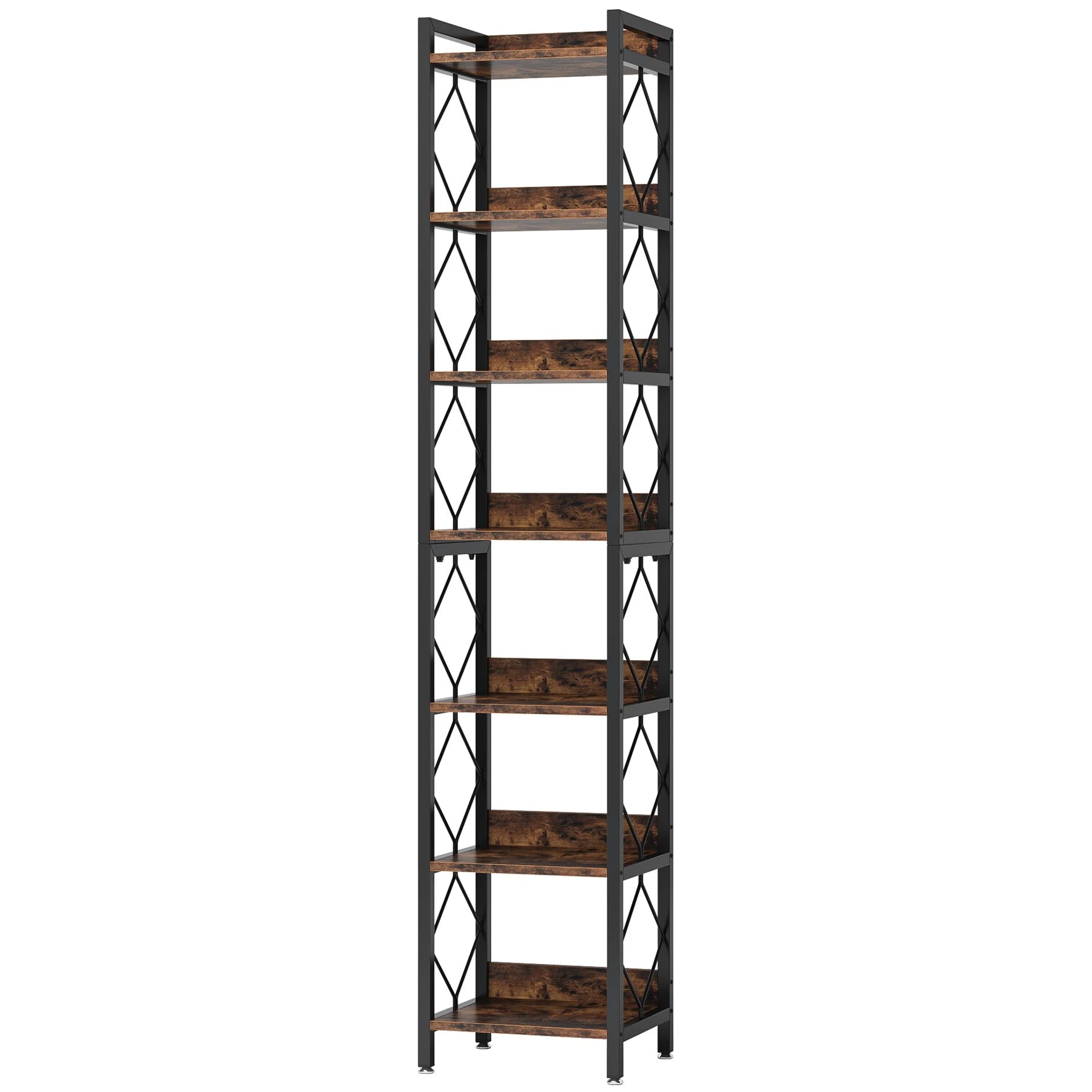 200cm Slim 7-Tier Industrial  Bookshelf - Rustic Wood & Black Metal Display Tower.