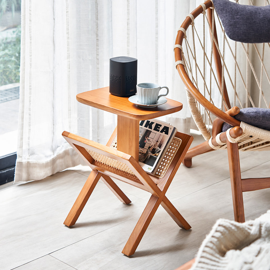 Lucas Side Table With Magazine Rack, Solid Wood & Rattan