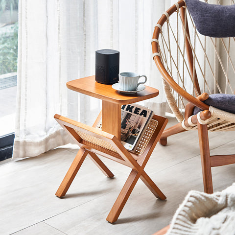Lucas Side Table With Magazine Rack, Solid Wood & Rattan
