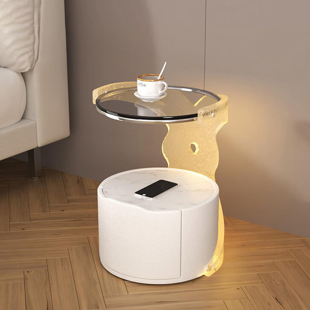 Hutton Round Bedside Table With Storage & Light Strip