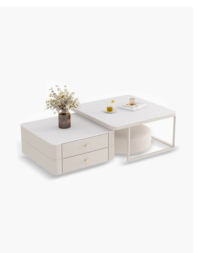 Eclipse Nesting Coffee Table Set With Matching Ottoman, Cream