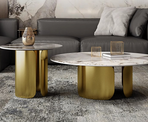 Maru Nesting Coffee Table Set, Sintered Stone Top With Gold Base