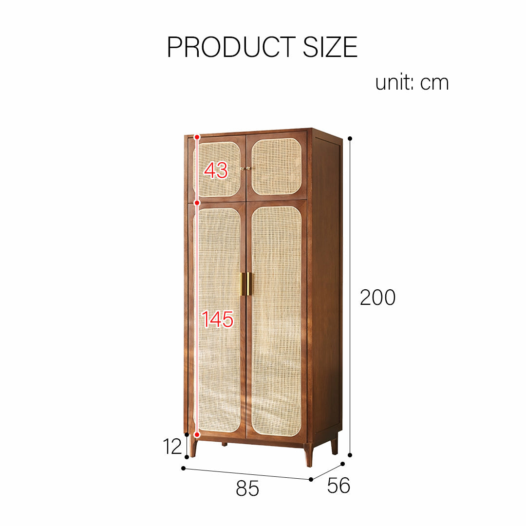 Evelyn Two Door Wardrobe, Solid Wood & Rattan