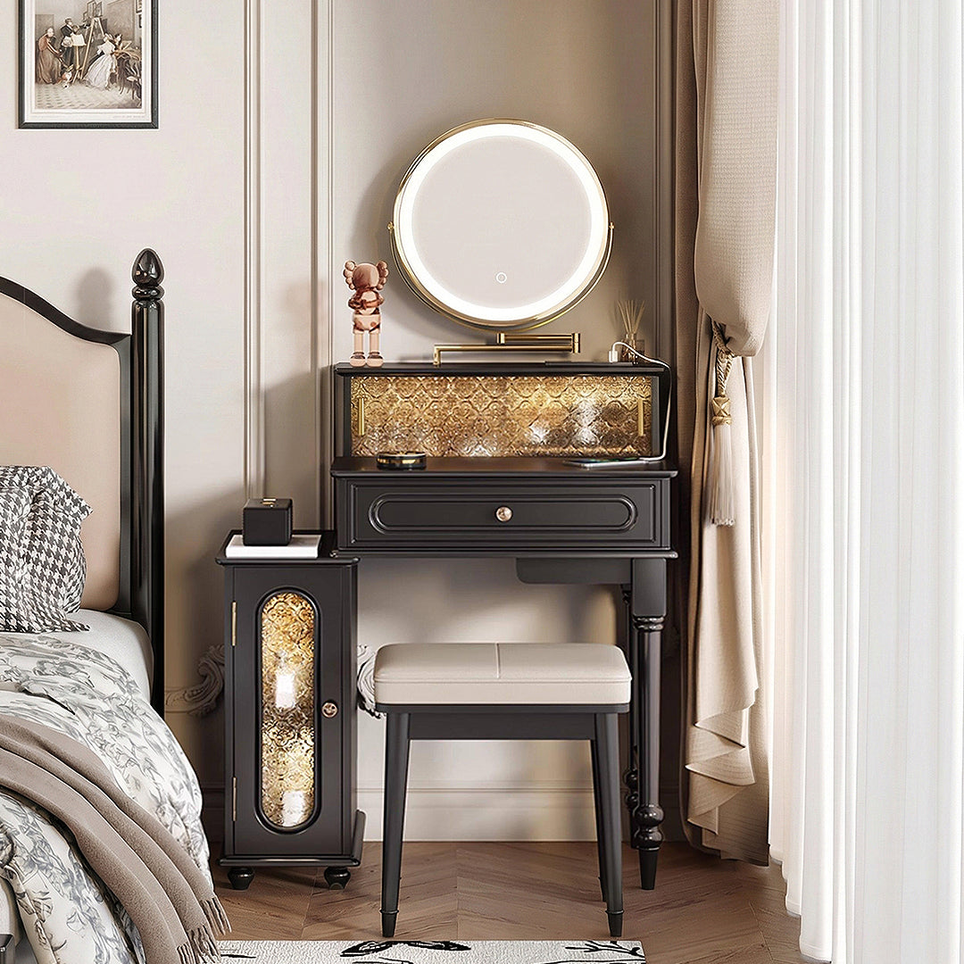 Nguyen Dressing Table With Side Cabinet & LED Mirror, Black