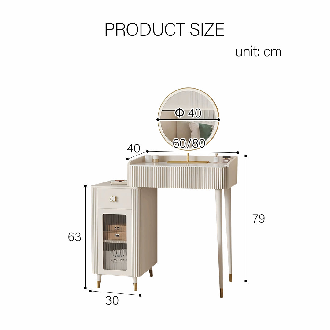 Asante Small Dressing Table With Side Cabinet & LED Mirror, Cream