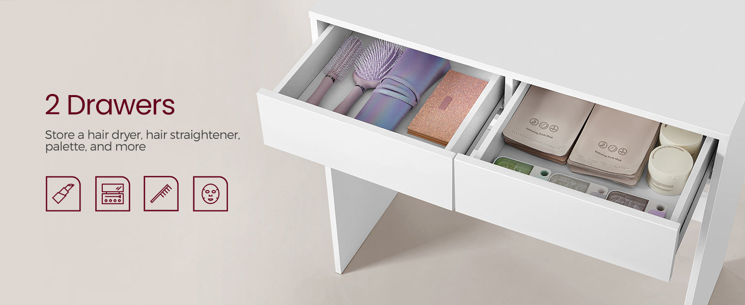 VASAGLE Dressing Table, LED Lights with Adjustable Brightness, Vanity Table with Mirror, 2 Drawers and 3 Compartments