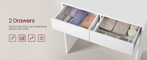 VASAGLE Dressing Table, LED Lights with Adjustable Brightness, Vanity Table with Mirror, 2 Drawers and 3 Compartments