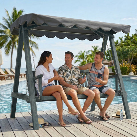 Outsunny 3 Seater Garden Swing Seat with Canopy, Wooden Swing Chair, Outdoor Hammock Bench for Balcony Patio Porch, Grey