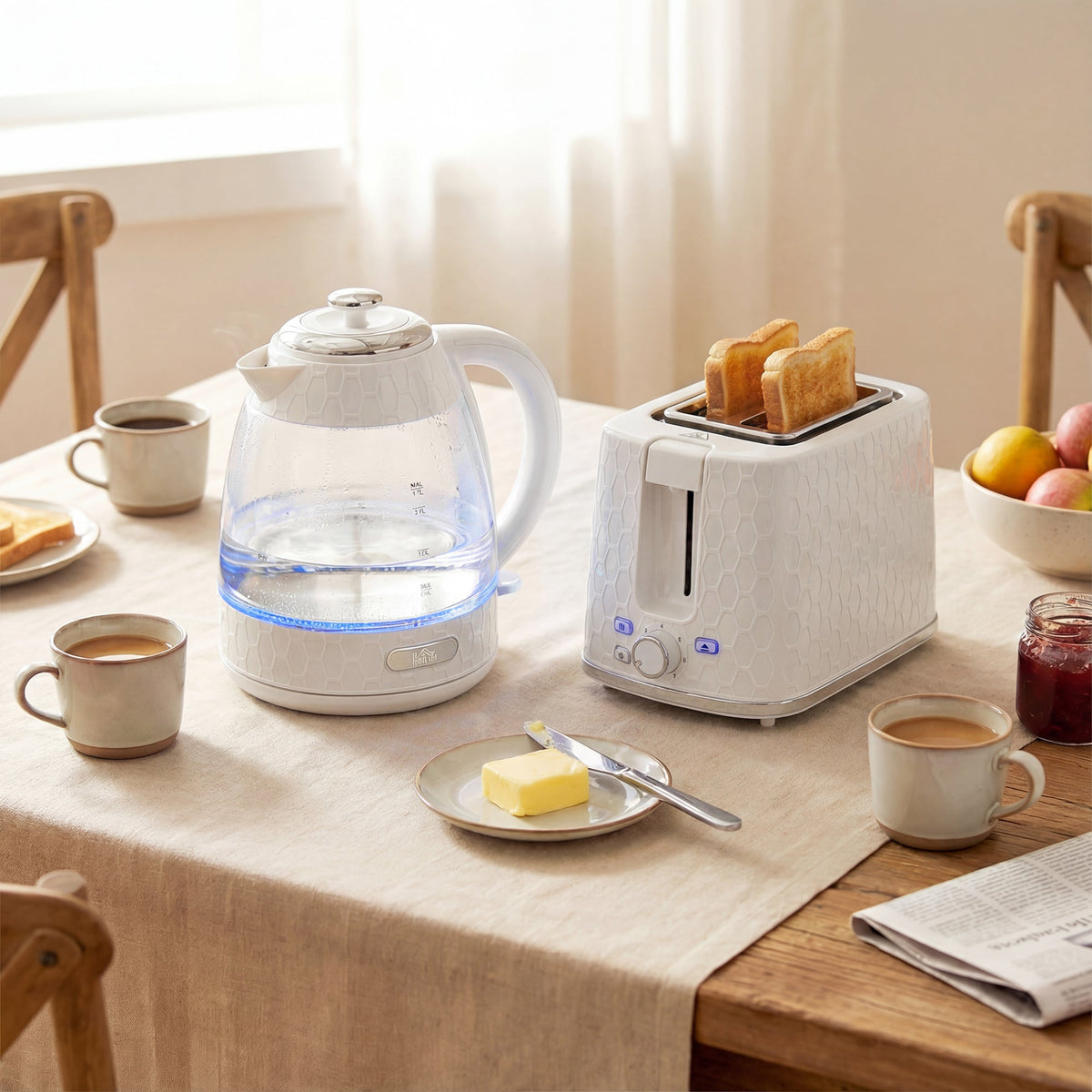 HOMCOM Kettle and Toaster Set, 1.7L 3000W Rapid Kettle with Limescale Filter, 2 Slice Toaster with 7 Browning Controls, Cream