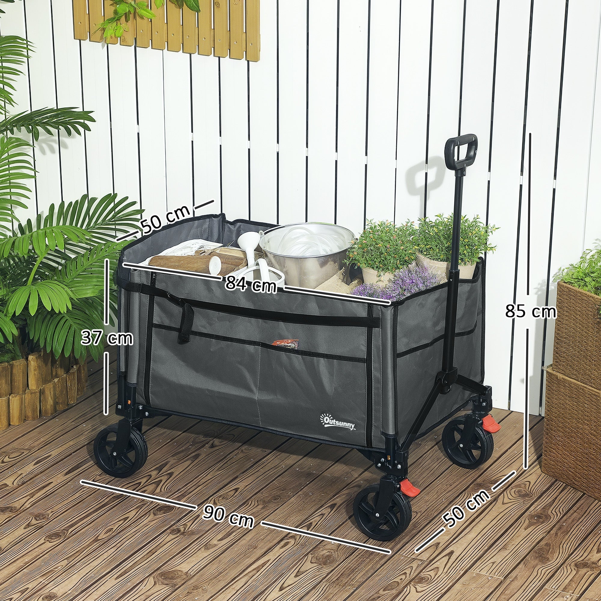Outsunny Folding Trolley on Wheels, 150L Collapsible Wagon Festival Trolley Cart with Openable Sides, Adjustable Handle and Brakes for Shopping Camping Beach and Garden, Grey