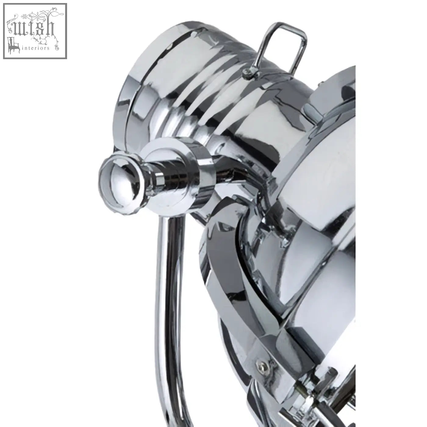 Chrome finished industrial spotlight with ribbed lens and adjustable arm on a height adjustable revolution tripod floor lamp