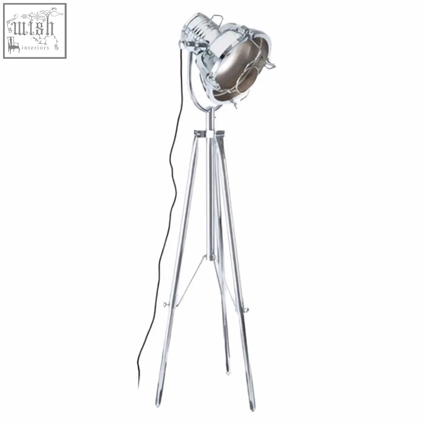 Chrome finished industrial revolution tripod floor lamp with vintage spotlight head and height adjustable design