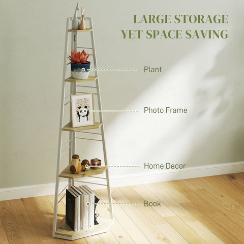HOMCOM Five-Tier Corner Shelf - White/Wood-Effect