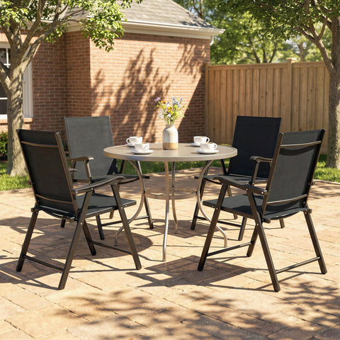 Outsunny Folding Garden Chairs Set of 4, Foldable Garden Dining Chairs with High Back, Armrests, Texteline Seat, Black