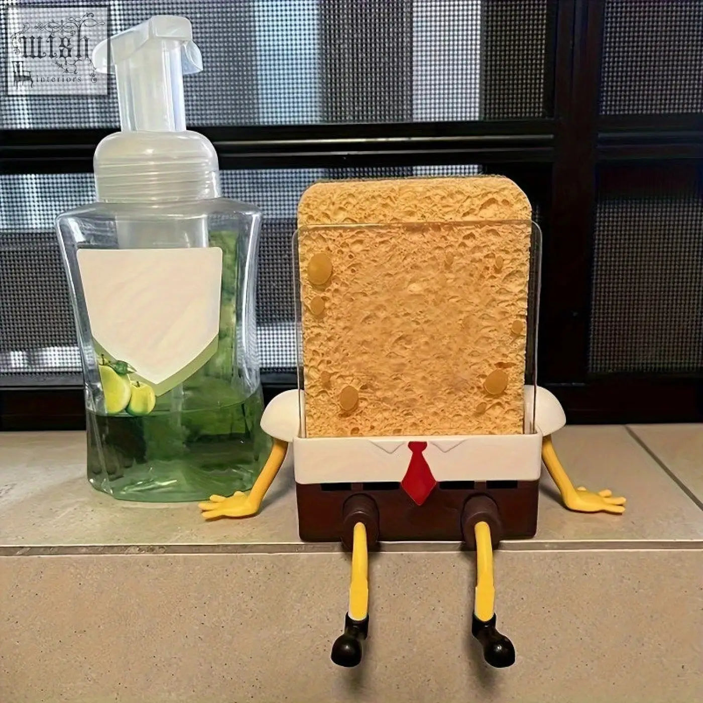 Yellow and brown plastic spongebob cartoon sponge drain rack with special features for bathroom and kitchen use