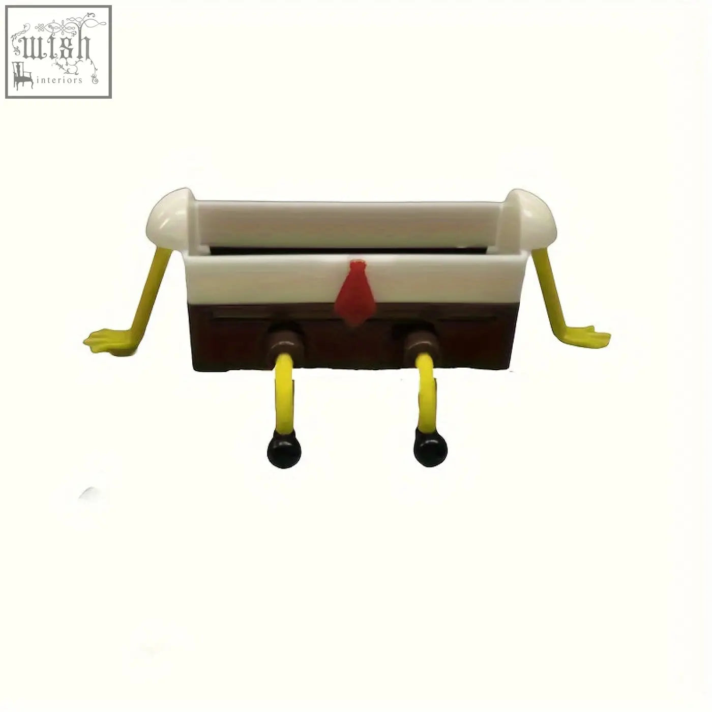 A white and brown plastic cartoon sponge drain rack toy with yellow limbs and special features for shower storage