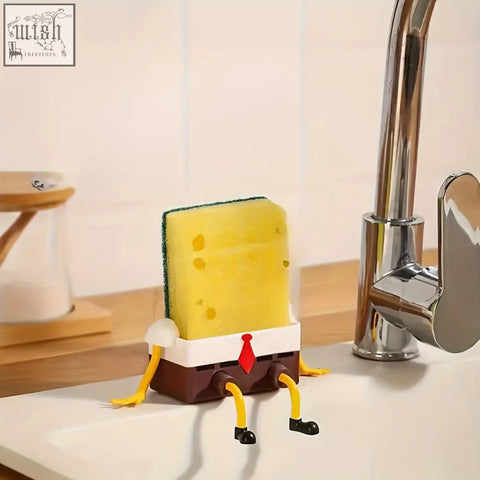 Yellow cartoon sponge drain rack with green edges dressed in white shirt and red tie for bathroom storage with special features
