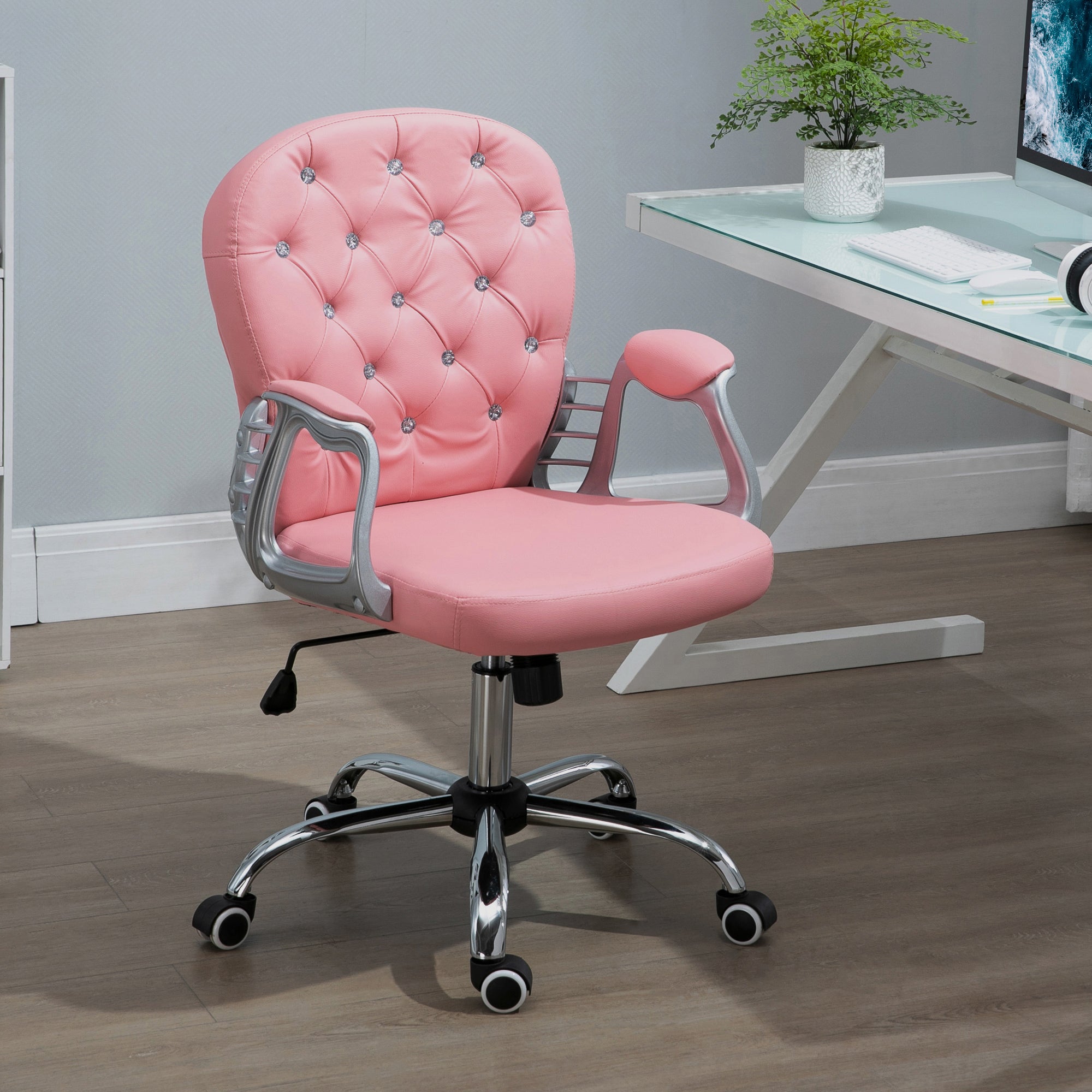Vinsetto Office Chair Ergonomic 360\'c2\'b0 Swivel PU Diamante Padded Base 5 Castor Wheels for Home Work Pink
