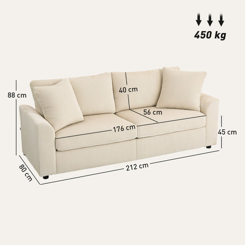HOMCOM Modern 3 Seater Sofa with Spring Cushion, 212 cm Fabric Jumbo Cord Sofa Couch with 2 Scatter Cushions, Upholstered Corduroy Settee for Living Room, Bedroom, Home Office, Cream White