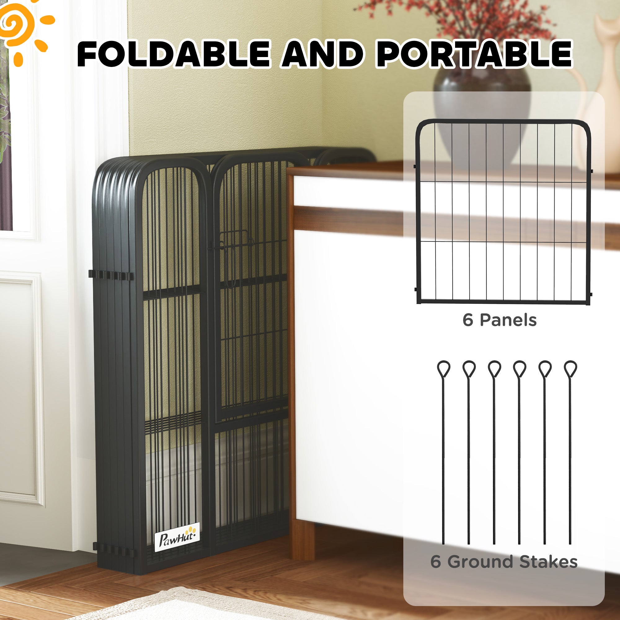 PawHut 6 Panels Heavy Duty Dog Playpen with Secure Door, for Indoor Outdoor, for Garden, Camping, 60cm High