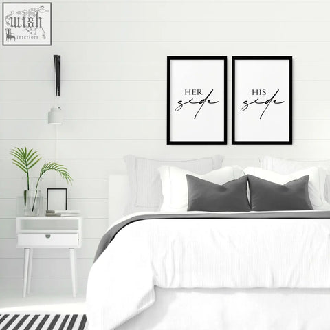 Black-framed minimalist wall art prints with her side and his side cursive text perfect for 1st wedding anniversary gift